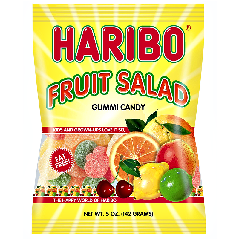 Front of Haribo Fruit Salad bag featuring bright yellow packaging, assortment of fruit-flavoured gummy candies, and 142g weight label.