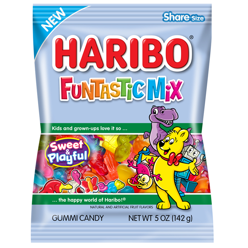 Front of Haribo Funtastic Mix bag displaying the logo and colourful gummy candies, featuring a playful bear and other characters (142g pack)