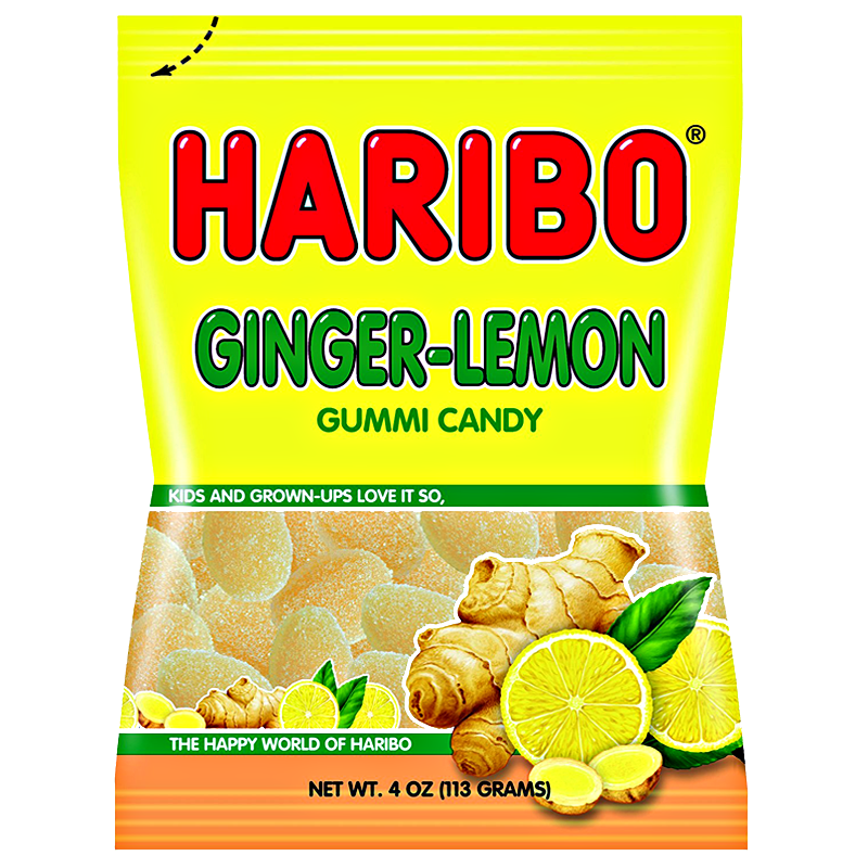 Front of Haribo Ginger Lemon gummi candy bag featuring bright colours, ginger and lemon imagery, and the product title (113g pack)