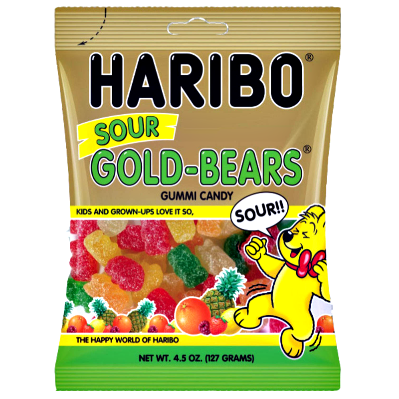 Front of a Haribo Sour Gold Bears bag showing the logo, colourful gummy candy pieces, and a cheerful bear illustration (127g pack)