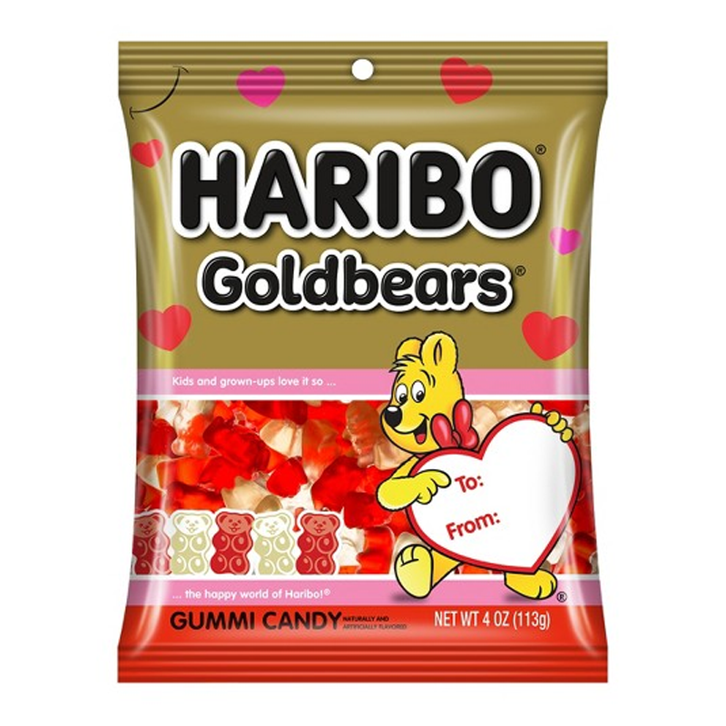 Front of Haribo Valentine's Gold Bears bag showing the festive design, logo, and hearts, along with a 113g pack size.