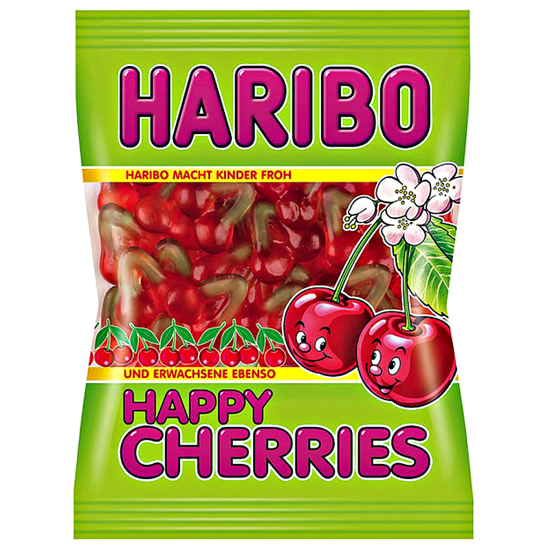 Front of Haribo Happy Cherries bag showing vibrant green packaging, cherry shape gummies, and the product title (142g pack)