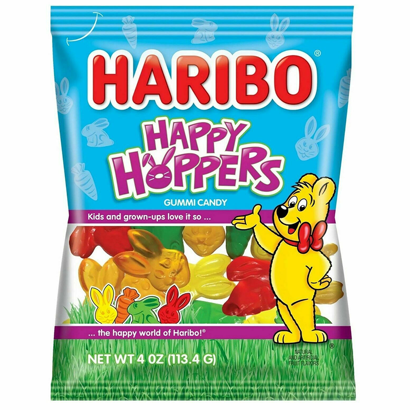 Front of a blue bag of Haribo Happy Hoppers gummy candy showing playful bunny shapes, 113g pack size, and vibrant colours.