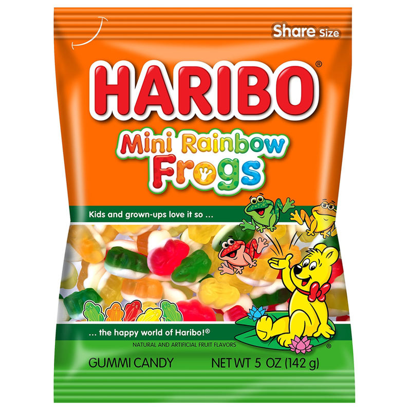 Front of Haribo Mini Rainbow Frogs bag showing the colourful logo, gummy frog shapes, and pack size of 142g.