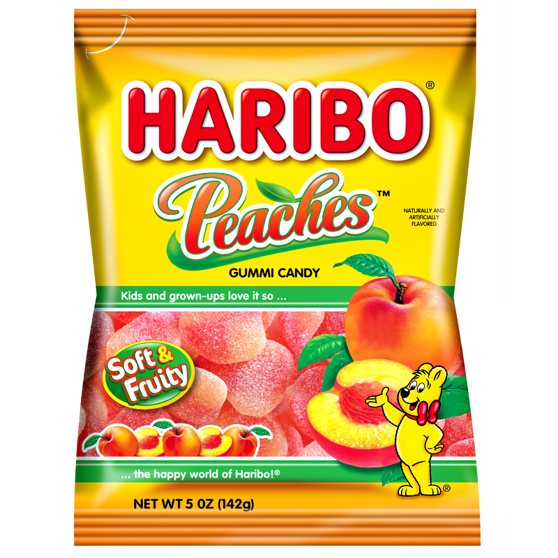 Front of Haribo Peaches bag showing yellow packaging, soft and fruity gummi candy label, and illustrations of peaches with a 142g size indication.