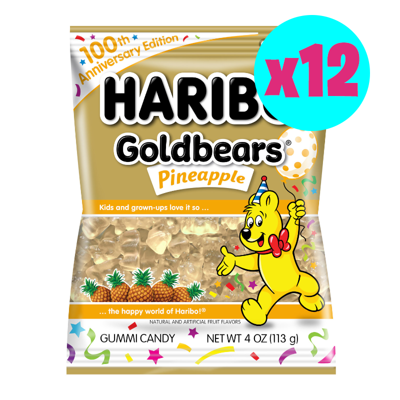 Front of Haribo 100th Anniversary Pineapple Gold Bears box showing the iconic logo, pineapple flavour, and packaging details (12 pack of 113g).