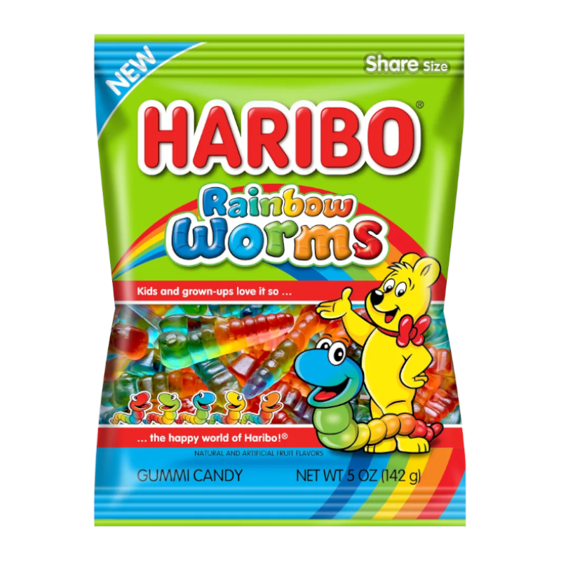 Front of Haribo Rainbow Worms bag showing vibrant colours, fruit-flavoured gummy worms, and 142g pack size.
