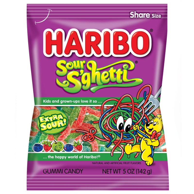 Front of Haribo Sour S'ghetti bag featuring vibrant purple design, with image of spaghetti-shaped gummy candies and extra sour label (142g pack)
