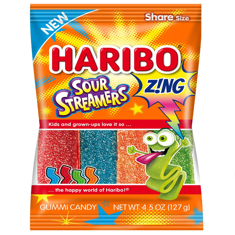 Front of Haribo Z!NG Sour Streamers bag showing colourful gummy candy and logo (127g pack)