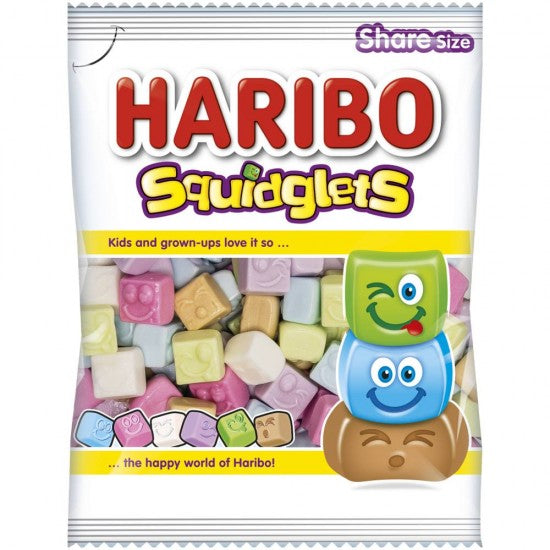 Front of Haribo Squidglets Share Bag showing bright logo, fun shapes of gummy sweets, and a 160g pack size