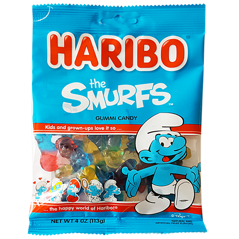 Front of Haribo Smurfs bag showing logo, gummi candy characters, and bright blue packaging (113g pack)