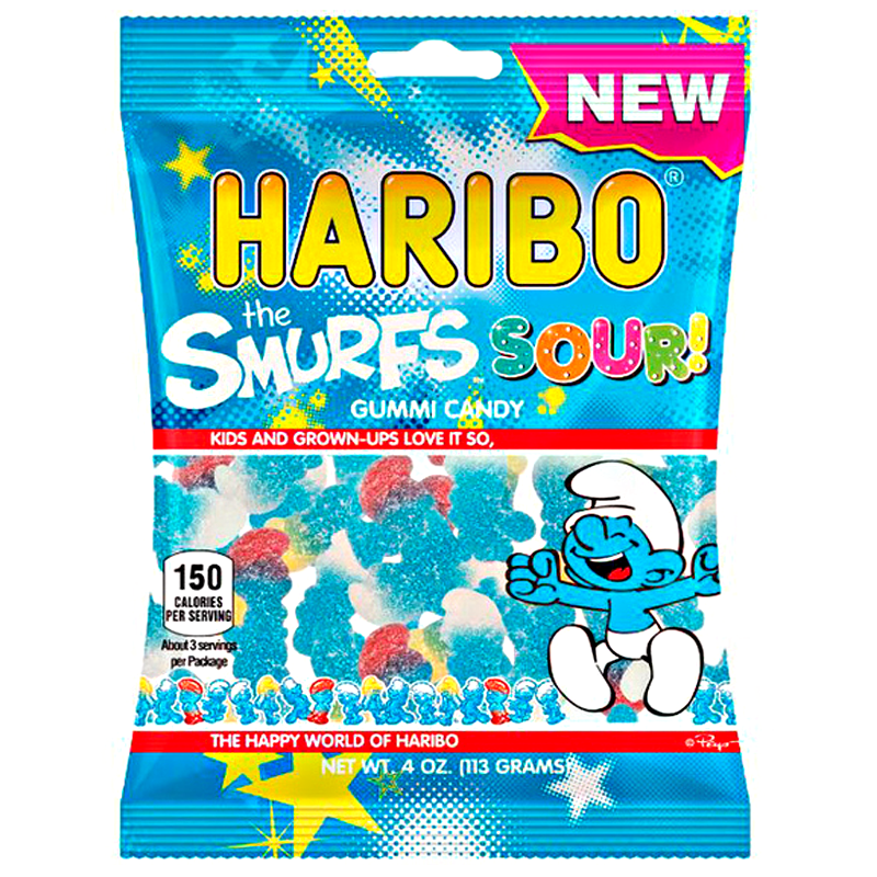 Front of Haribo Sour Smurfs bag showing the blue logo, sour gummy candy illustration, and a playful Smurf character (113g pack)