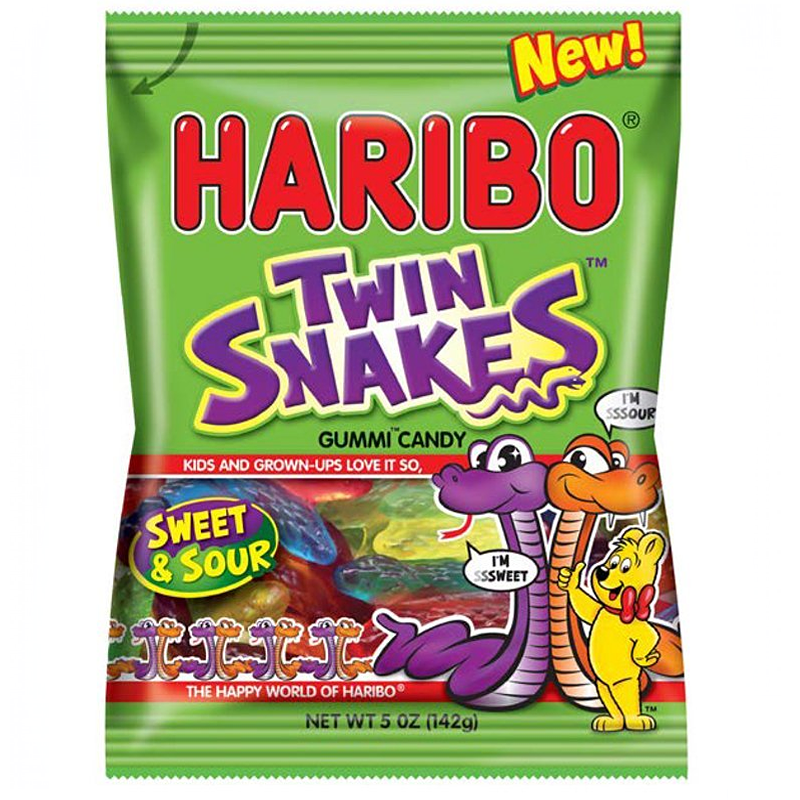 Front of Haribo Sweet & Sour Twin Snakes bag showcasing the logo, playful snake design, and vibrant colours (142g pack)