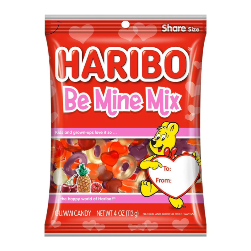 Front of Haribo Valentine's Be Mine Mix bag showing logo, heart-shaped gummy candies, and 113g pack size