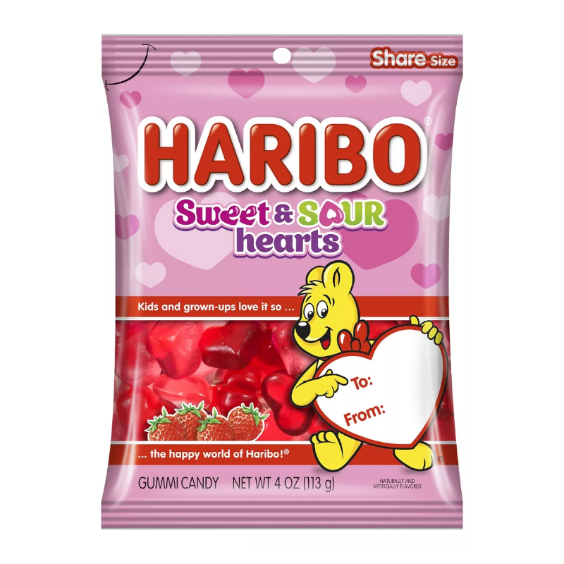 Front of Haribo Valentine's Sweet & Sour Strawberry Hearts bag showing pink design, heart-shaped gummies, and 113g pack size.