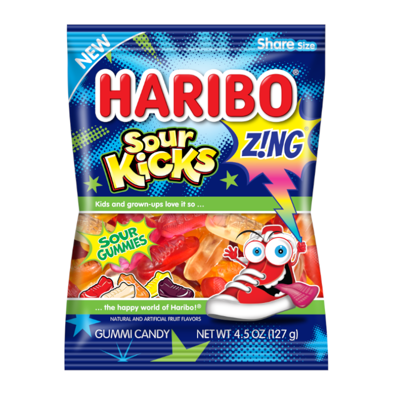 Front of a blue Haribo Z!NG Sour Kicks bag displaying the logo, colorful sour gummies, and pack size of 127g.