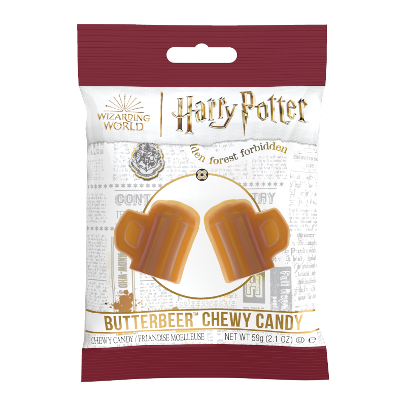 Front of Harry Potter Butterbeer Chewy Candy bag featuring logo, butterbeer design, and chewy candy pieces (59g pack)
