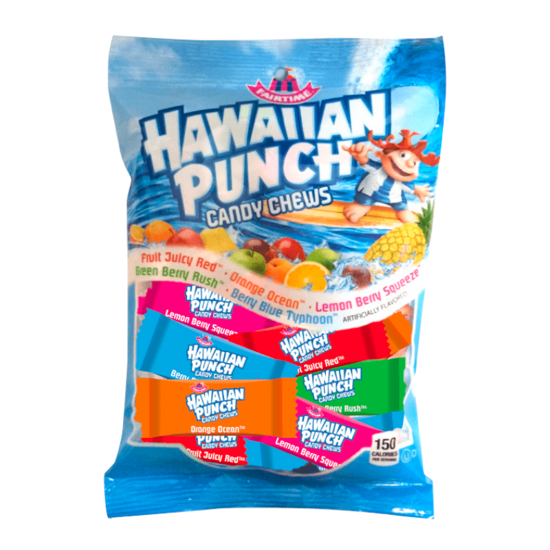Front of Hawaiian Punch Candy Chews bag showing colourful packaging with logo and various candy flavours, 198g pack