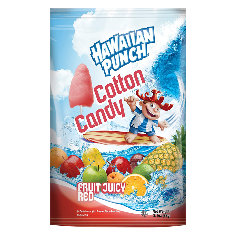 Front of Hawaiian Punch Cotton Candy Fruit Juicy Red bag showing iconic logo, vibrant fruit imagery, and a fun cotton candy character (88g pack)