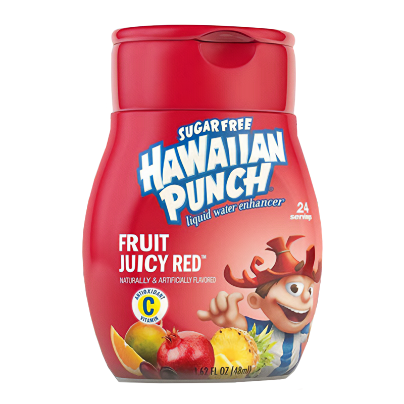 Front of Hawaiian Punch Liquid Water Enhancer bottle featuring the Fruit Juicy Red label, vibrant red design, and 48ml size with 24 servings.