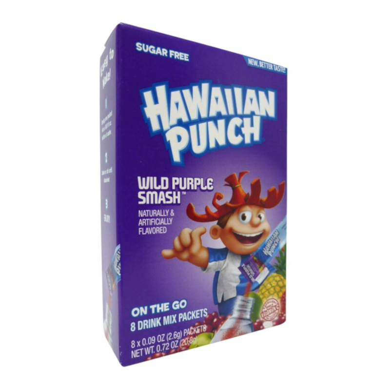 Front of Hawaiian Punch Wild Purple Smash Singles To Go box showing a purple background, logo, fun character, and detailing on 8 drink mix packets (21.1g pack)