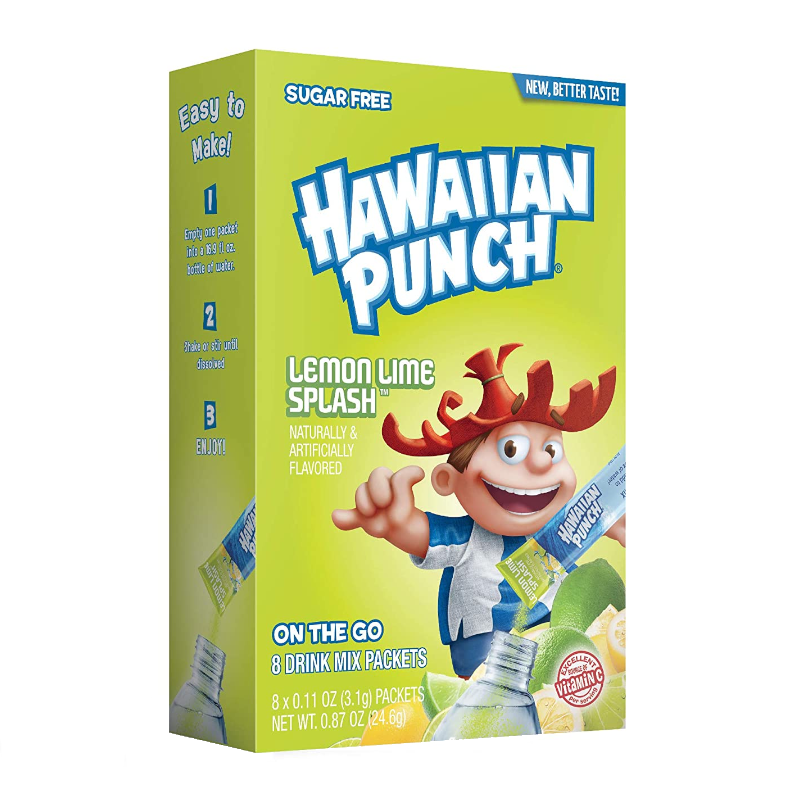 Front of Hawaiian Punch Lemon Lime Splash box featuring bright green design, brand logo, drink mix details, and 8 packets (24.6g total)