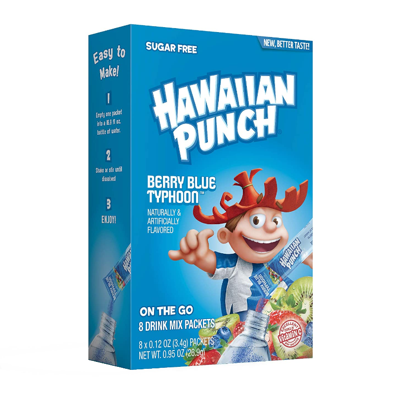 Front of Hawaiian Punch Berry Blue Typhoon Singles To Go box showing blue label, cartoon character, berry flavour, and 8 drink mix packets (26.9g total)