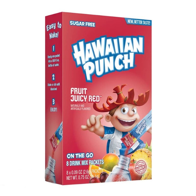 Front of Hawaiian Punch Fruit Juicy Red Singles To Go box showing vibrant red packaging, character mascot, and 8 drink mix packets (21.1g total)