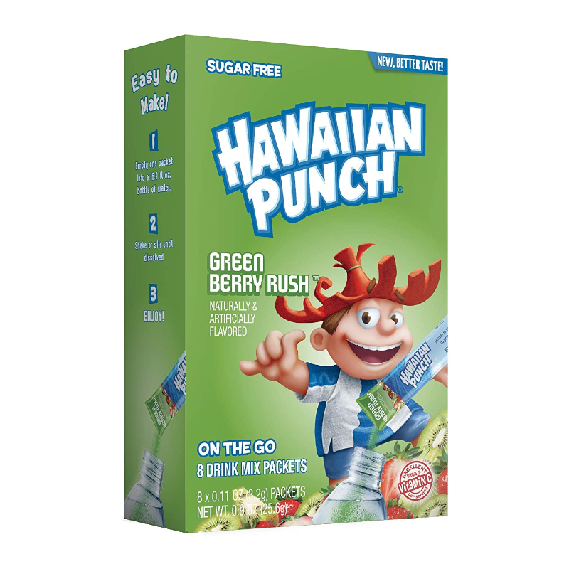 Front of Hawaiian Punch Green Berry Rush Singles To Go box featuring the logo, green berry rush flavour, and pack size of 8 drink mix packets (20.6g total)