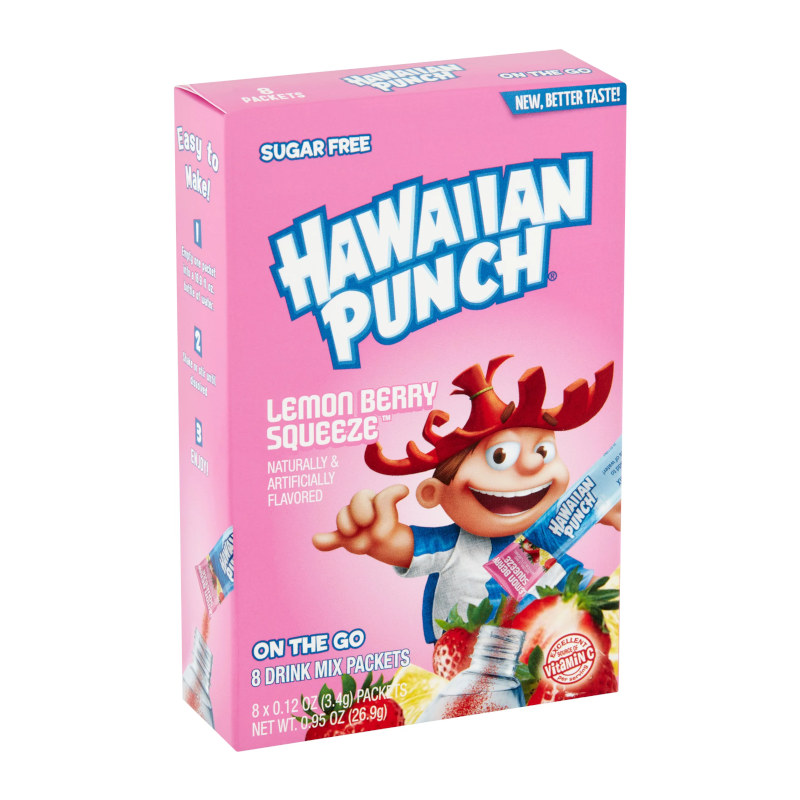 Front of Hawaiian Punch Lemon Berry Squeeze Singles To Go box featuring logo, lemon berry flavour, and 8 drink mix packets (26.9g pack)