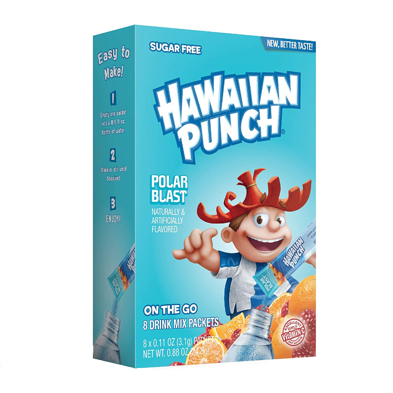 Front of Hawaiian Punch Polar Blast Singles To Go box showing the logo, Polar Blast flavour, and packaging details (21.4g total)