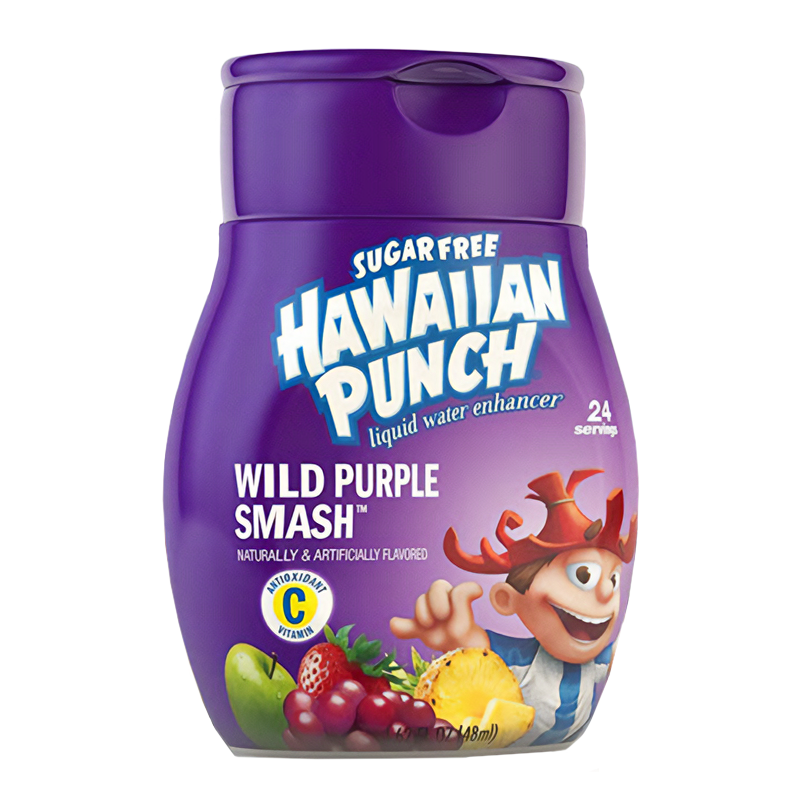 Front of Hawaiian Punch Liquid Water Enhancer Wild Purple Smash bottle showing the purple label, logo, flavour name, and 48ml size with playful character.