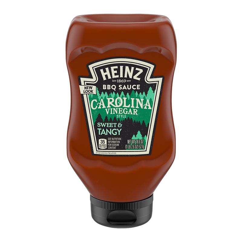 Front of Heinz Carolina Vinegar Style Tangy BBQ Sauce bottle featuring the logo, green and black label design, and pack size (527g)