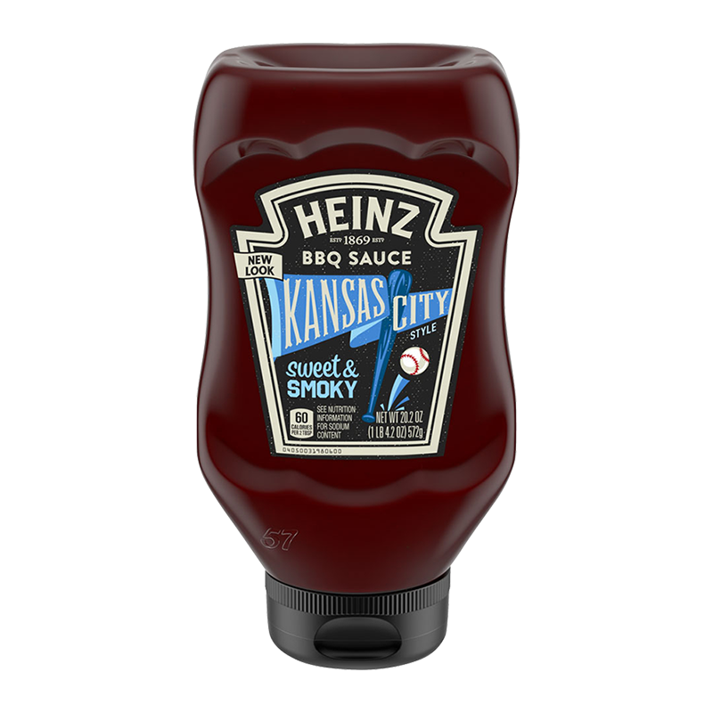 Front of Heinz Kansas City Sweet & Smoky BBQ Sauce bottle showing the brand logo, sweet & smoky label, and 572g pack size.