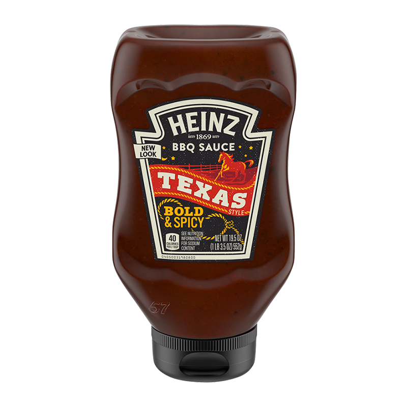 Front of Heinz Texas Bold & Spicy BBQ Sauce bottle showing logo, bold and spicy label, and pack size (552g)