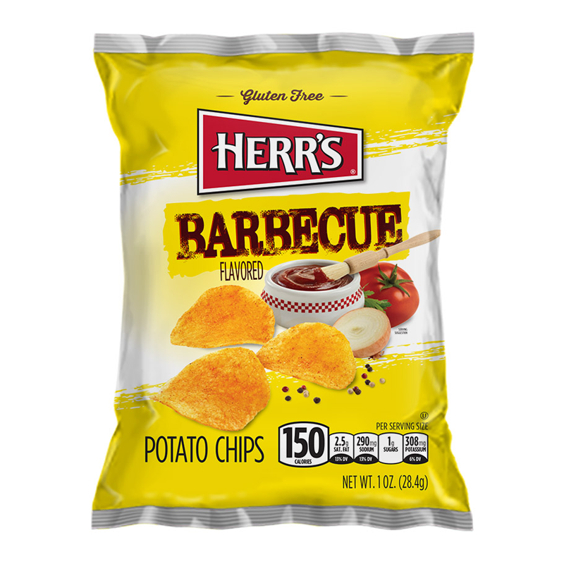 Front of Herr's Barbecue Potato Chips bag showing yellow packaging, barbecue flavour label, and image of potato chips (28.4g pack)