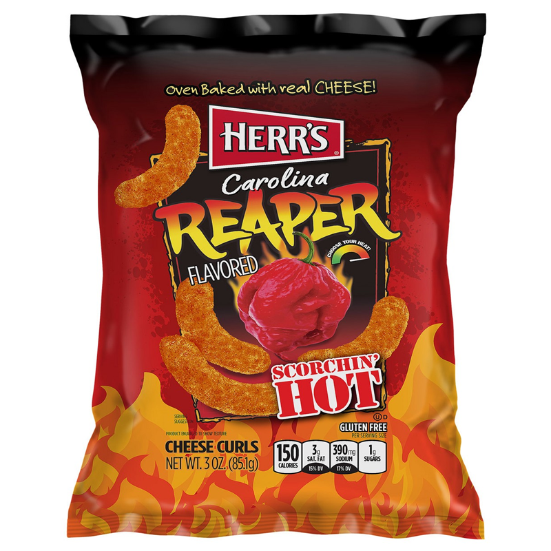 Front of Herr's Carolina Reaper Flavoured Cheese Curls bag displaying the bold logo, fiery graphics, and curl snacks (170g pack)