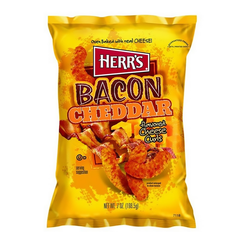 Front of Herr's Bacon Cheddar Cheese Curls bag featuring bright yellow packaging with the logo, bacon cheddar flavour, and image of cheese curls (170g pack)