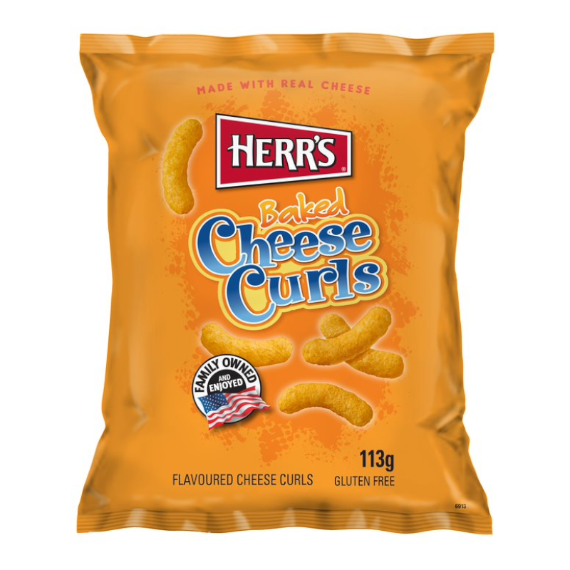 Front of Herr's Baked Cheese Curls bag with logo, orange packaging, and image of cheese curls (113g pack)