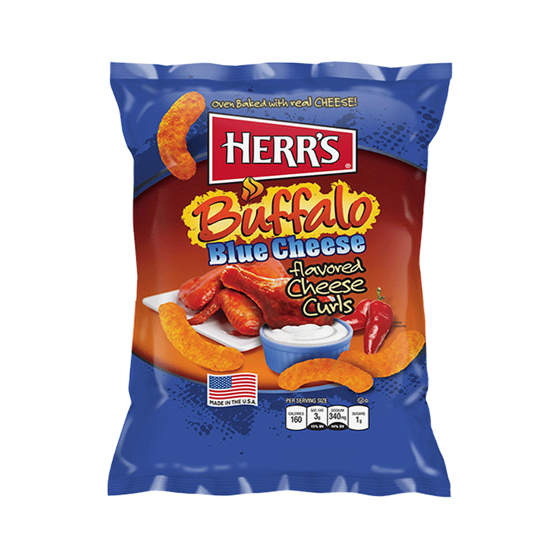 Front of Herr's Buffalo Blue Cheese Flavoured Cheese Curls bag showing bold orange and blue packaging with cheese curls and blue cheese dip (85.1g pack)