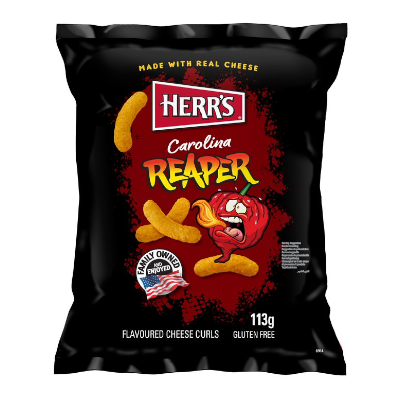 Front of Herr's Carolina Reaper Flavoured Cheese Curls bag featuring bold red and black design, cheese curls, and pack size of 113g.