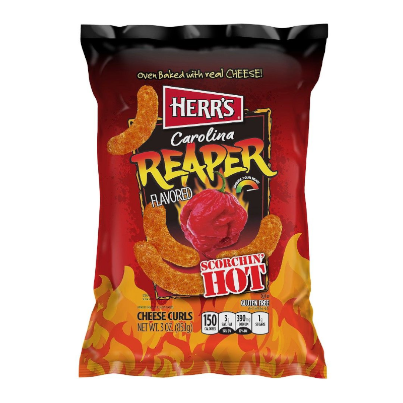 Front of Herr's Carolina Reaper Flavoured Cheese Curls bag showing the bold red packaging, Carolina Reaper graphics, and cheese curls (85.1g pack)