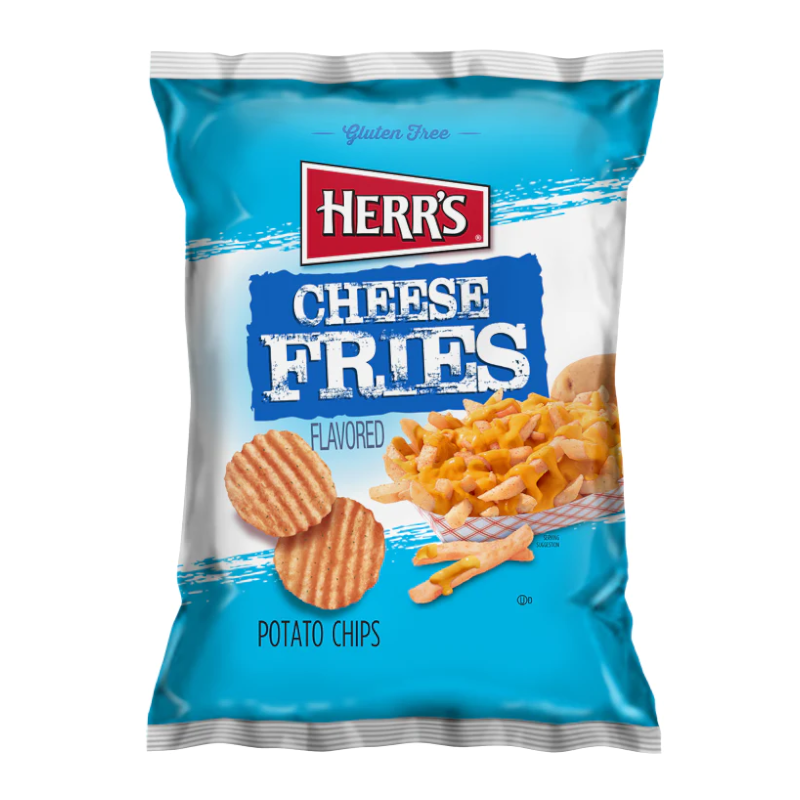 Front of Herr's Cheese Fries Potato Chips bag displaying the Herr's logo, cheese fries flavour label, and the 184.3g pack size