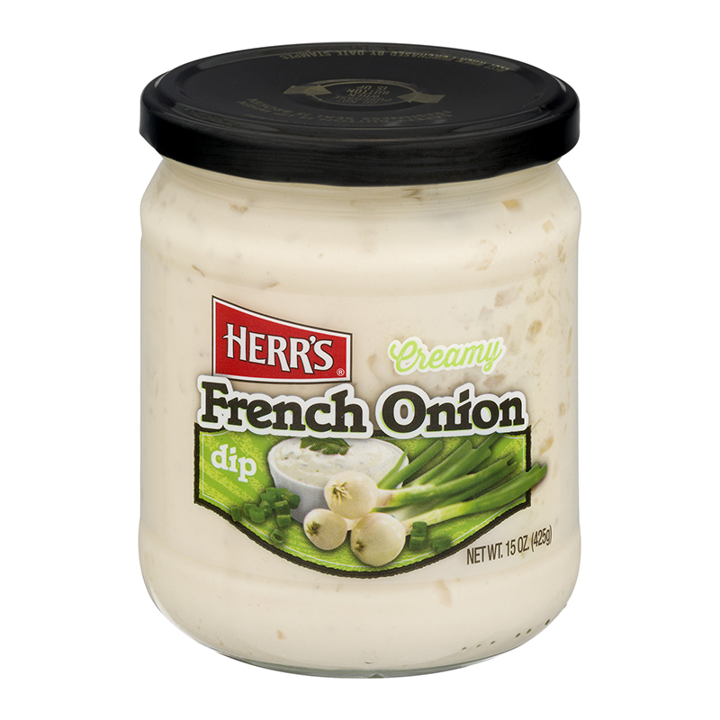 Front of Herr's Creamy French Onion Dip jar showing the brand logo, cream dip label, and image of fresh onions (425g pack)
