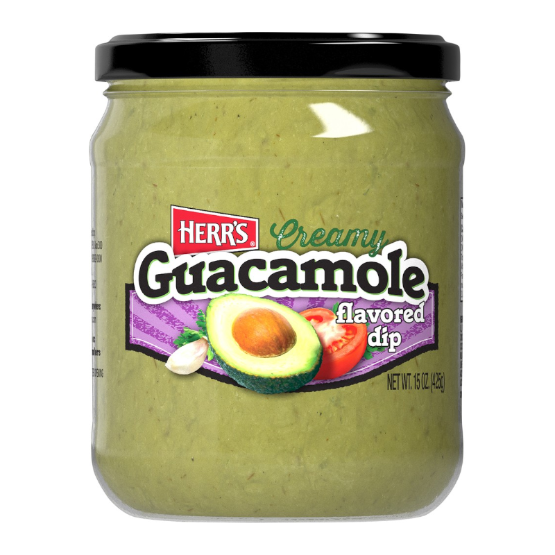 Front of Herr's Creamy Guacamole Dip jar showing logo, creamy guacamole dip label, and images of avocado and tomato (425g jar)