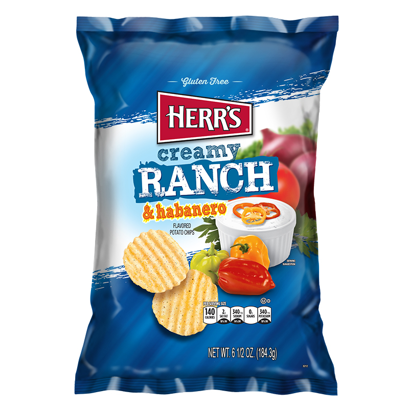 Front of Herr's Creamy Ranch & Habanero Potato Chips bag showing bold logo, ranch & habanero flavour, and ridged potato chips (184.3g pack)