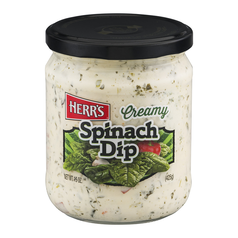 Front of Herr's Creamy Spinach Dip jar displaying the logo, creamy spinach dip label, and 425g pack size