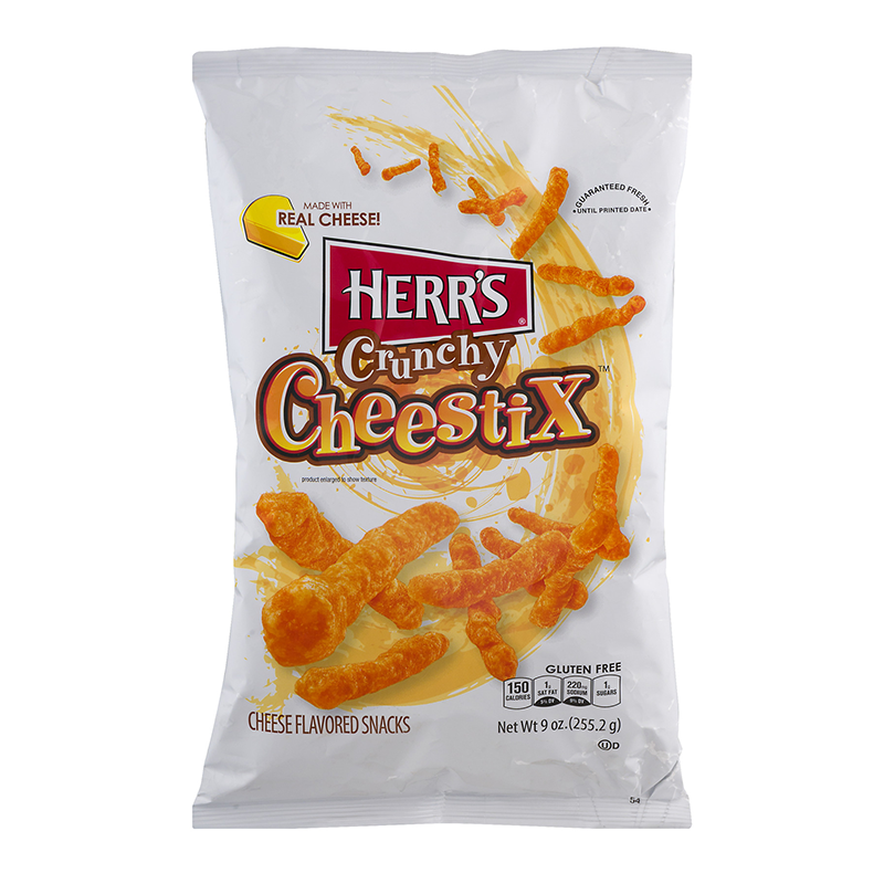 Front of Herr's Crunchy Cheestix bag featuring the logo, cheese flavoured snacks image, and 227g pack size
