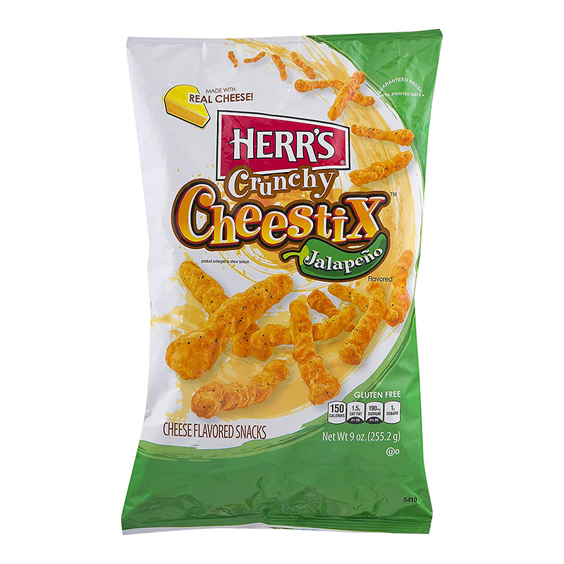 Front of Herr's Jalapeno Crunchy Cheestix bag showing the brand logo, jalapeno flavour label and crunchy Cheestix snacks (227g pack)