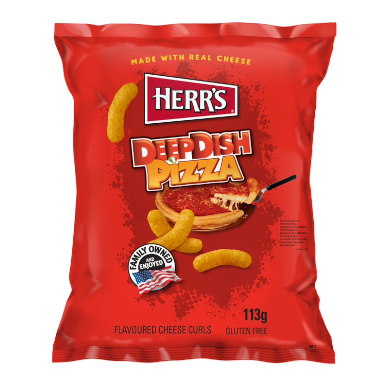 Front of Herr's Deep Dish Pizza Flavoured Cheese Curls bag showing bold logo, deep dish pizza flavour label, and cheese curls (113g pack)